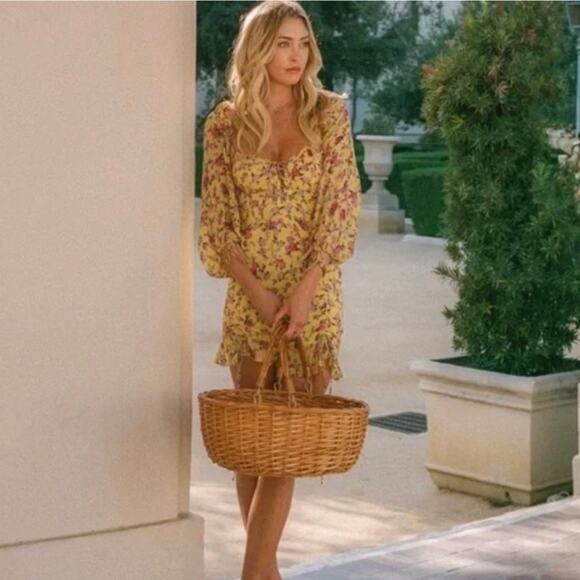 For Love&Lemons Yellow Silk Floral Beaumont Mini Dress Sz.M - Picture 2 of 16